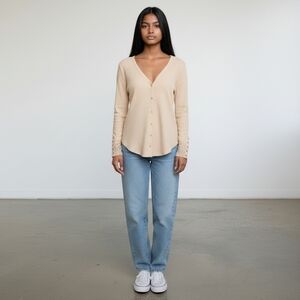 Daytrip Womens Lace Accents On Sleeves Thermal Button Up V-neck Top Beige Size M